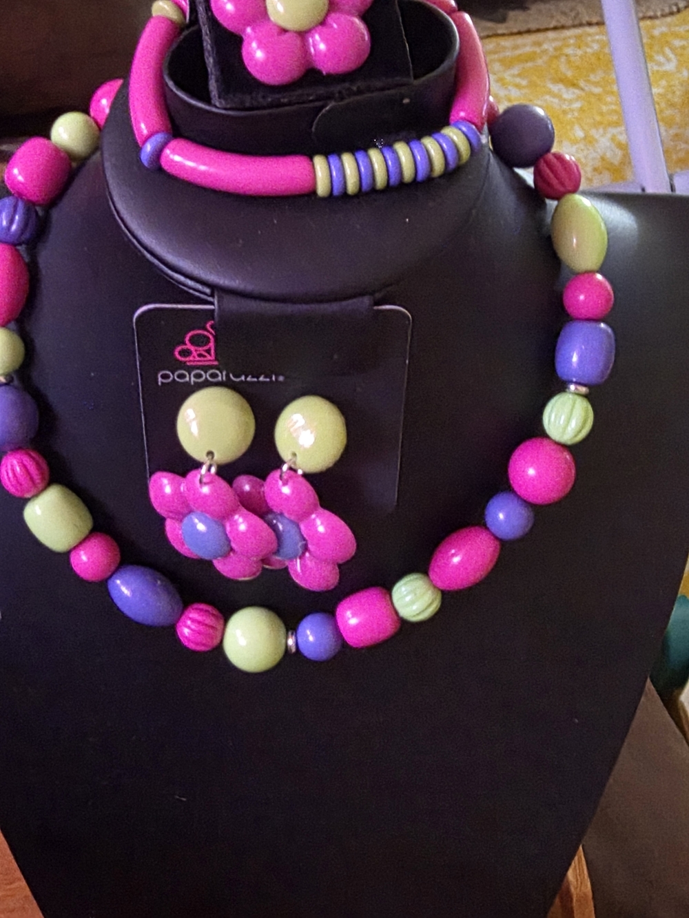 paparazzi Pink, Lavender & Lime Beaded Necklace with Flower Earrings